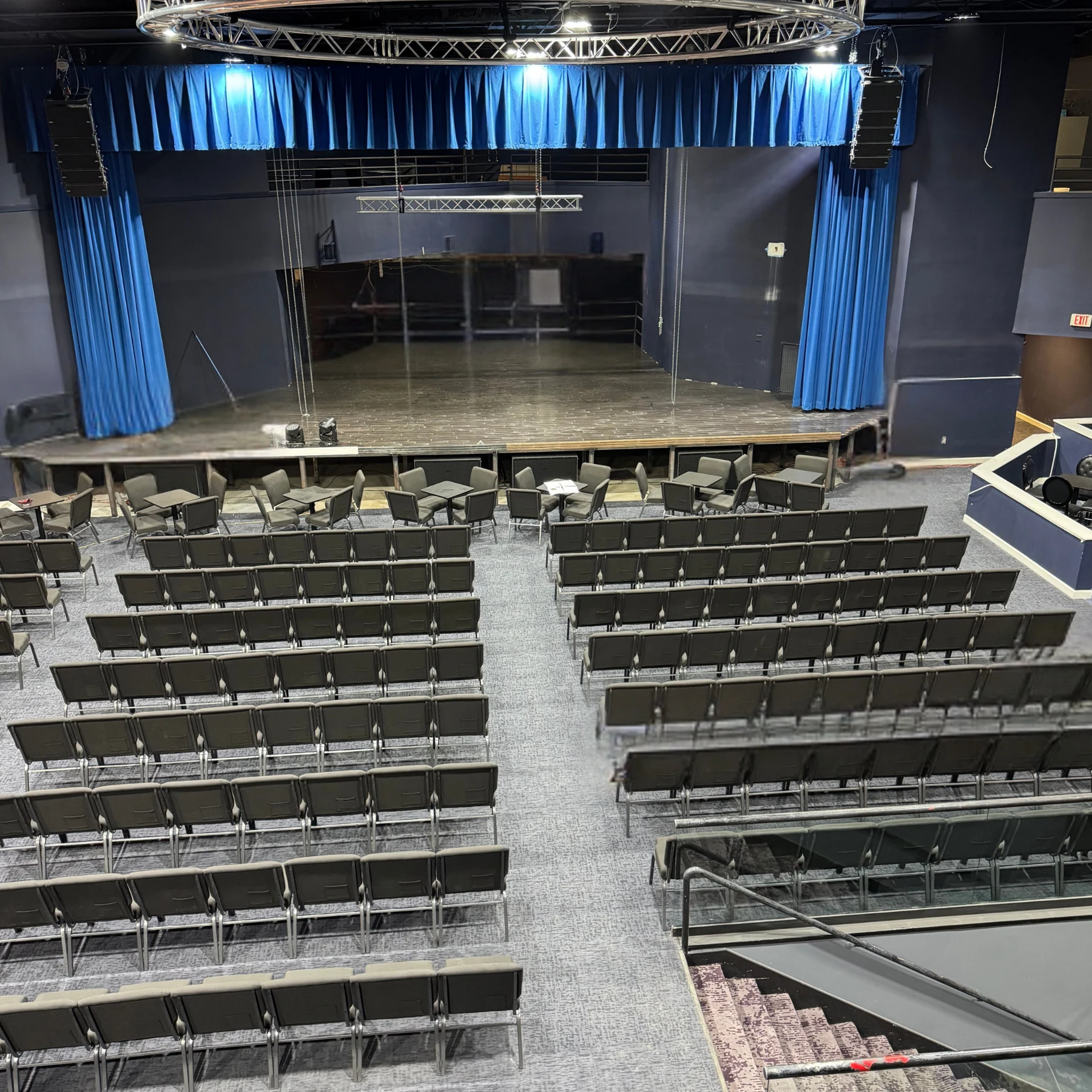 An elevated view of the auditorium